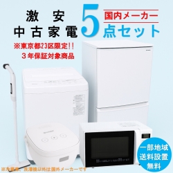 【送料無料】　【東京23区エリア限定‼3年保証対象商品】国内有名メーカー 激安 2015～2019年式 中古家電おまかせ5点セット(冷蔵庫/洗濯機/電子レンジ/炊飯器/スティック掃除機)