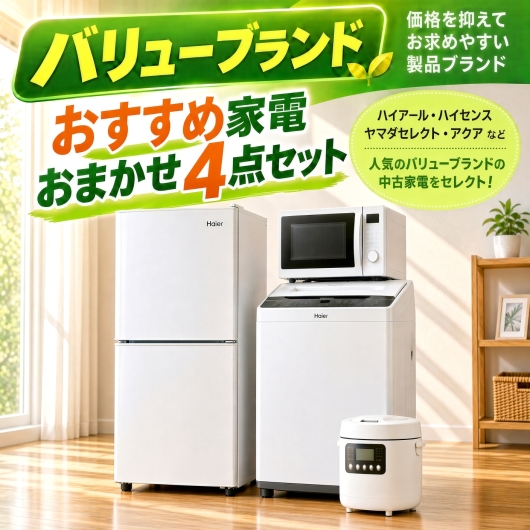 【全国発送対応】 バリューブランド おすすめ 中古家電おまかせ4点セット(冷蔵庫/洗濯機/電子レンジ/炊飯器)